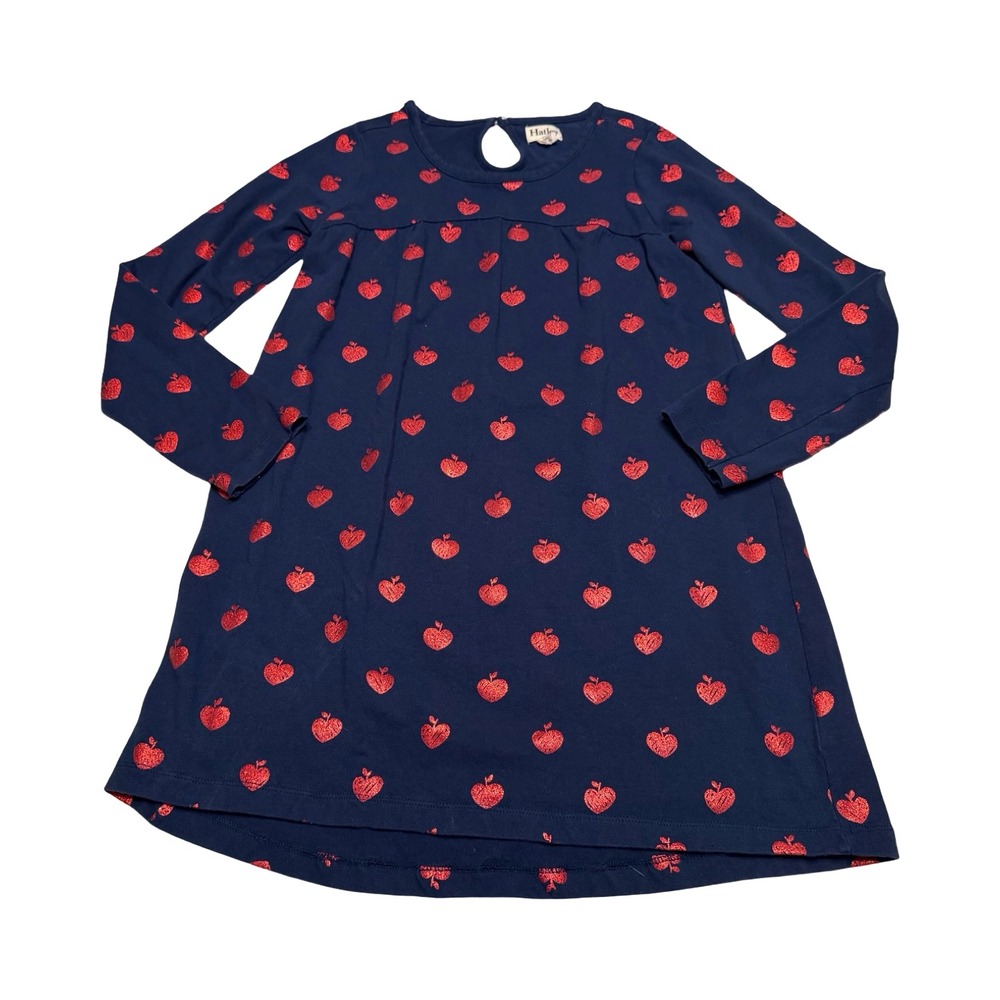 Hatley Girls Navy Blue Red Glitter Apple Print Long Sleeve A-Line Dress Size 10